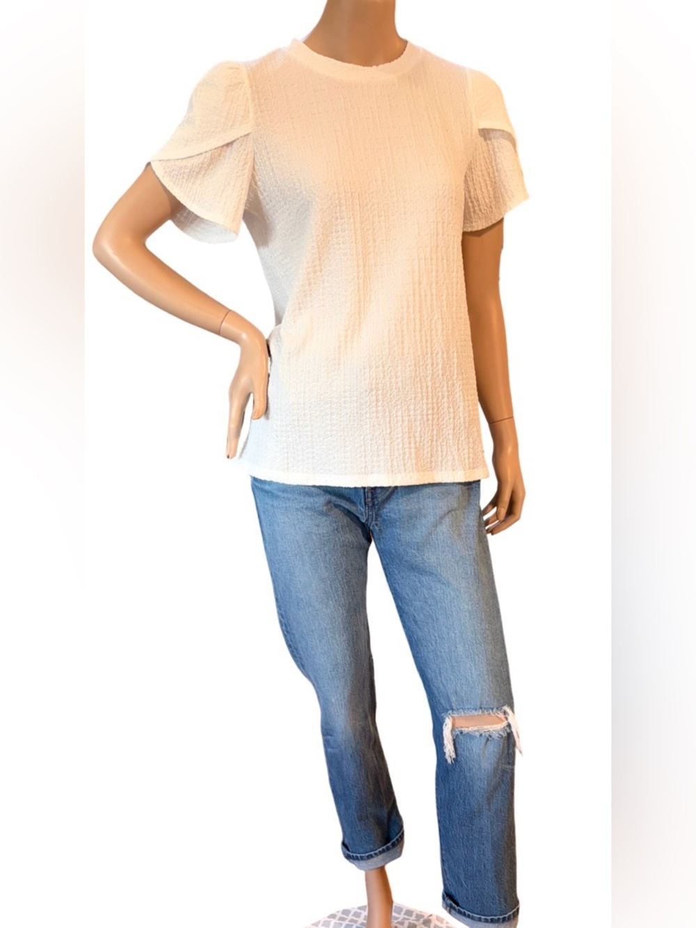 NWOT Anne Klein Textured Flutter Sleeve Top Blouse Small Ivory White